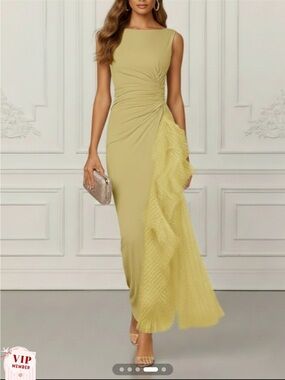 Sleeveless Yellow Ruched Maxi Dress with Cascading Ruffle